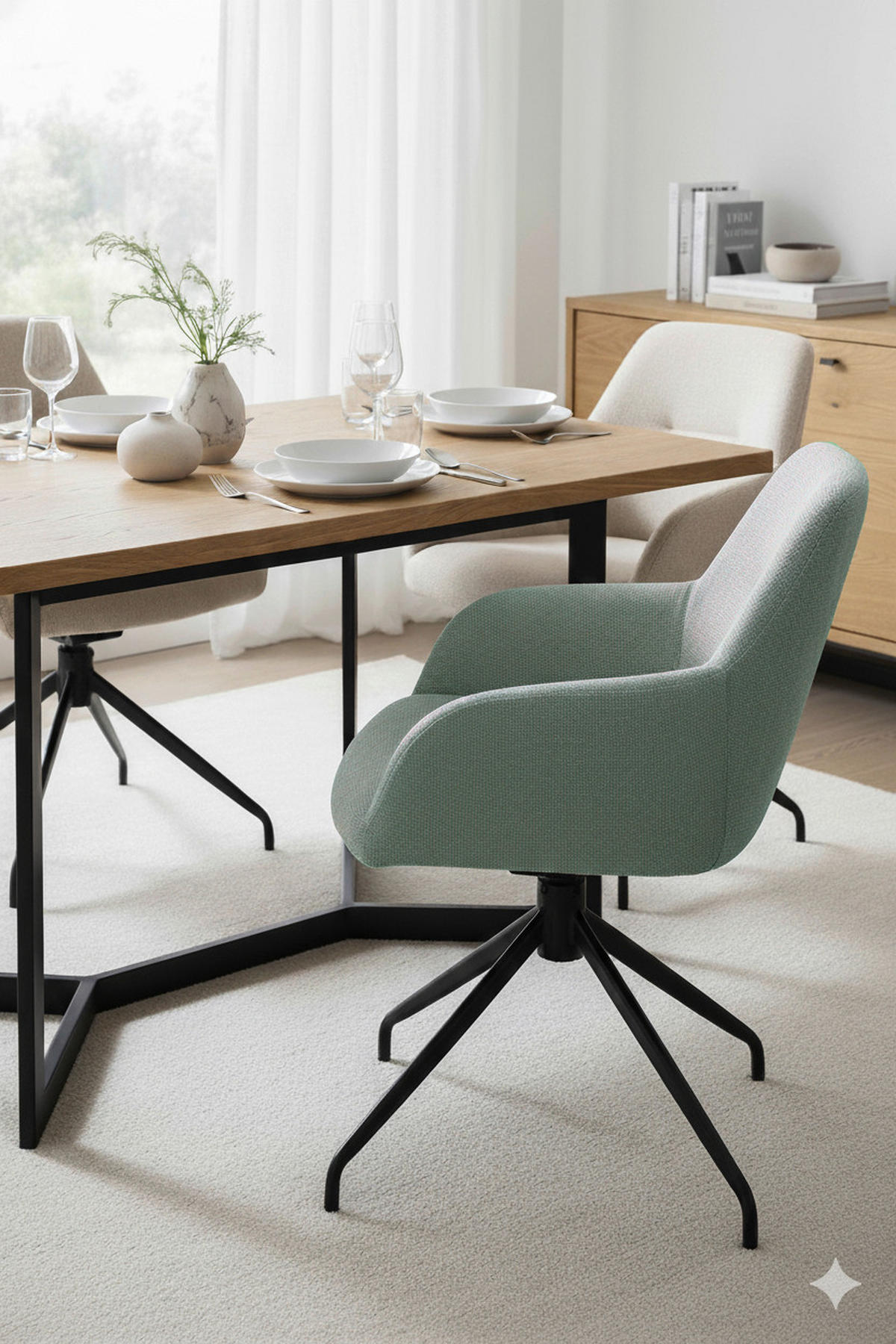 ARMLEHNSTUHL-SET 2 Stück erweiterbar, Sitzfläche 360° drehbar Webstoff, Mikrofaser  - Schwarz/Mintgrün, MODERN, Textil/Metall (56/83/60cm) - MID.YOU