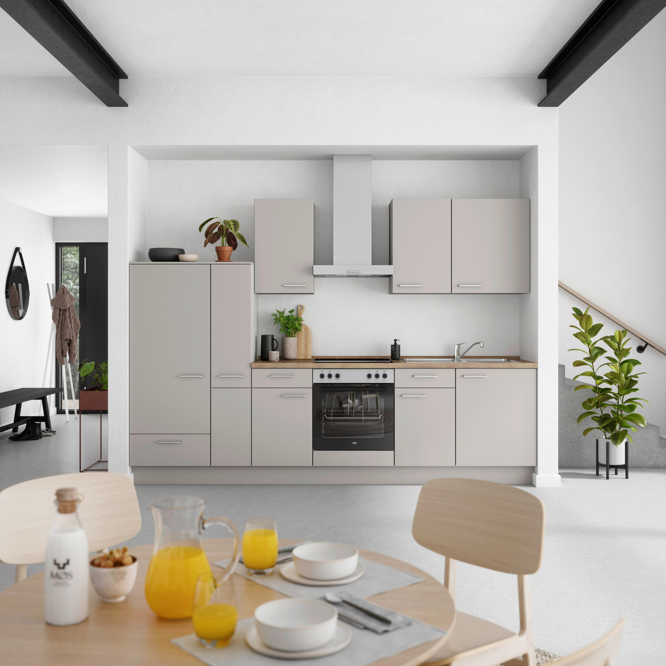 KÜCHENBLOCK 300 cm   in Grau, Eiche dunkel  - Eiche dunkel/Edelstahlfarben, MODERN, Holzwerkstoff/Metall (300cm) - Nobilia