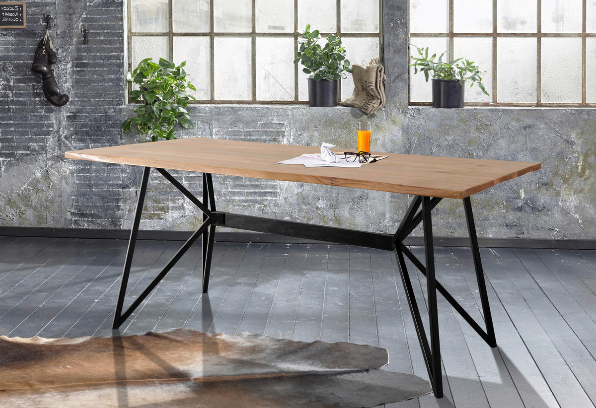 Esstisch Kite Akazie vollmassiv rechteckig Akaziefarben  - Schwarz/Akaziefarben, ROMANTIK / LANDHAUS, Holz/Metall (175/77/90cm) - MID.YOU