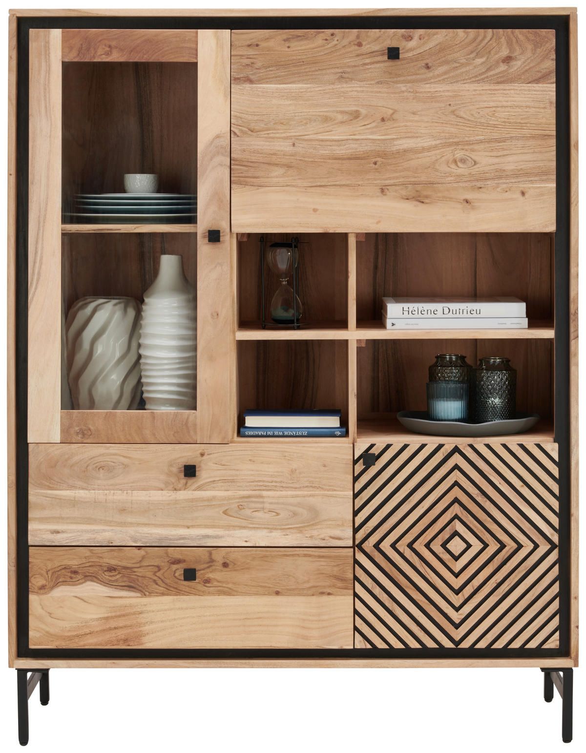 HIGHBOARD  in 115/148/42 cm  - Schwarz/Akaziefarben, Design, Glas/Holz (115/148/42cm) - Carryhome