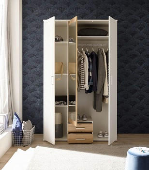 OMARA S KLASIČNIMI VRATI, bela, hrast artisan  - bela/barve aluminija, Moderno, umetna masa/leseni material (120/196/52,5cm) - Carryhome