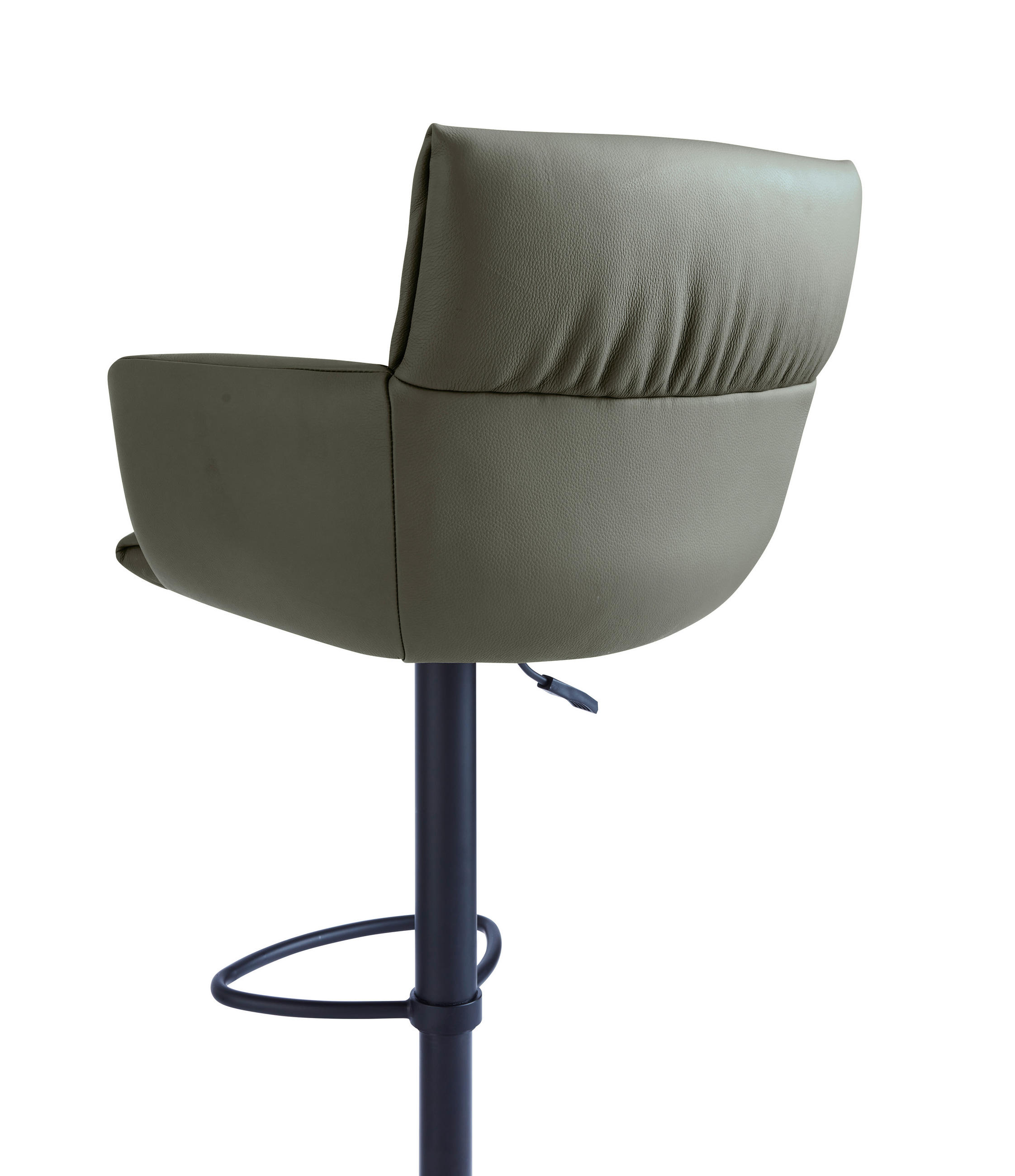 BARHOCKER Echtleder Schwarz, Olivgrün Eisen Lederauswahl, Stoffauswahl, Sitzfläche 360° drehbar, automatische Rückholfunktion  - Schwarz/Olivgrün, Design, Leder/Metall (58/88-112/58cm) - Dieter Knoll