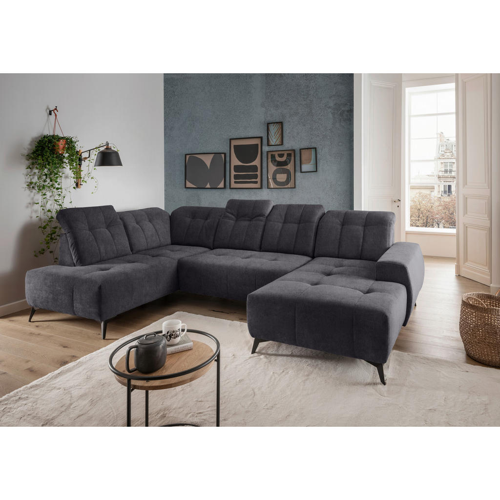 Thumbnail - Livetastic Wohnlandschaft, Anthrazit, Textil, Uni, 6-Sitzer, Ottomane links, U-Form, 337x200 cm, Made in EU, Typenauswah...