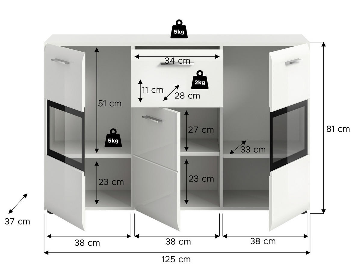 SIDEBOARD  125/81/37 cm 1 Schublade(n)  - Weiß Hochglanz/Silberfarben, Design, Holzwerkstoff/Kunststoff (125/81/37cm) - Livetastic