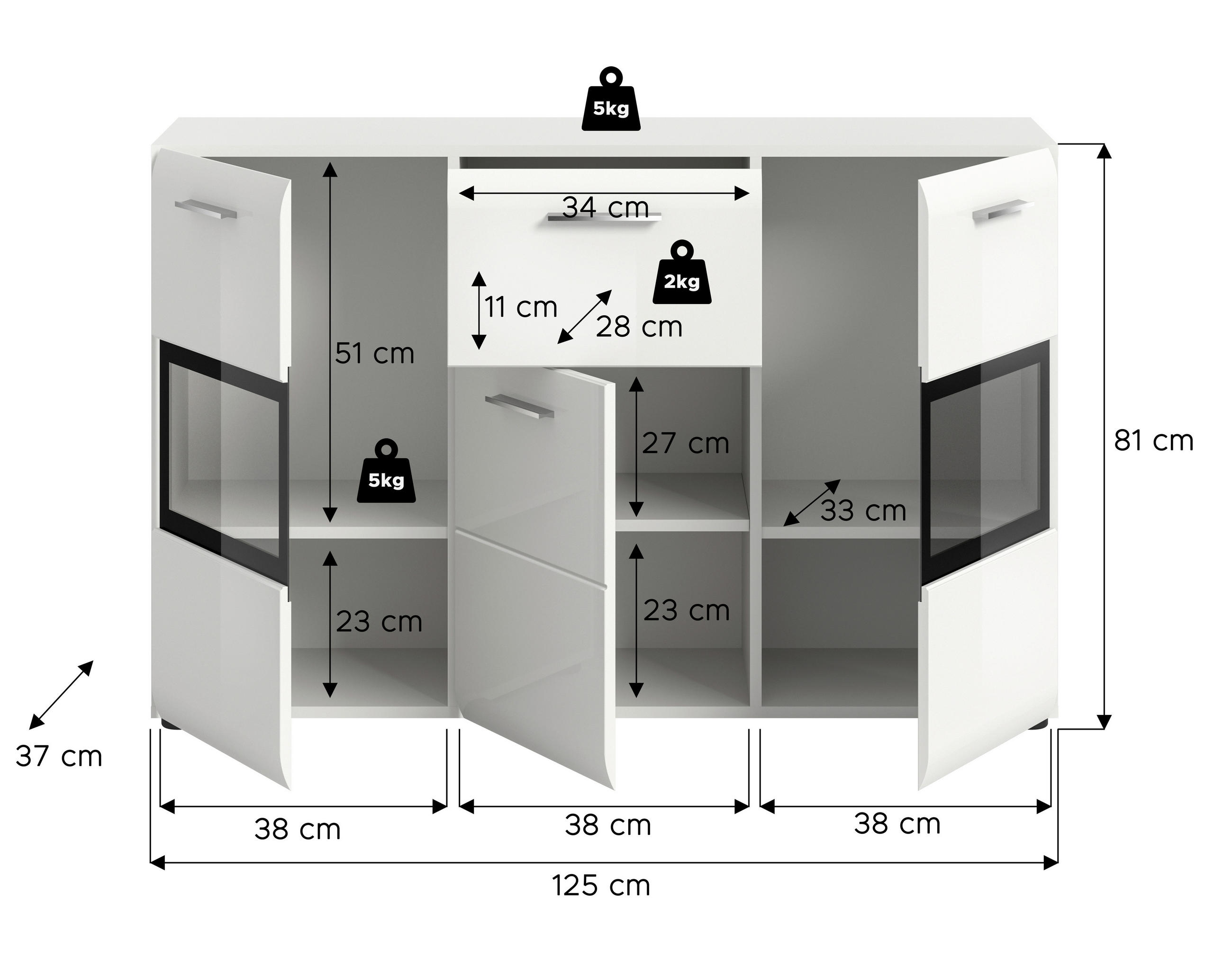 Thumbnail - Livetastic Sideboard, Weiß, Weiß Hochglanz, Kunststoff, 1 Fächer, 1 Schublade(n) Schubladen, 125x81x37 cm, FSC Mix, steh...