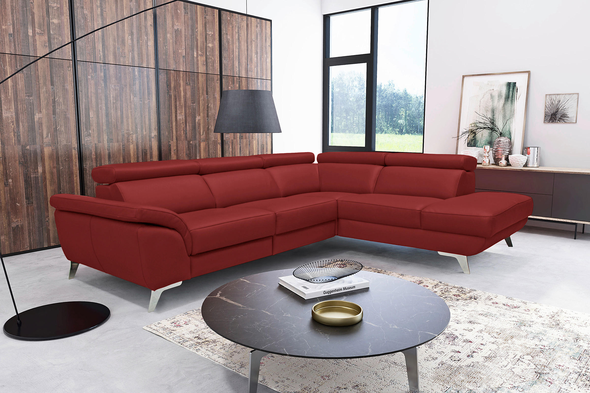 ECKSOFA Rot Echtleder Rücken echt, Armteilverstellung, Kopfteilverstellung  - Silberfarben/Rot, Design, Leder/Metall (228/283cm) - Livetastic