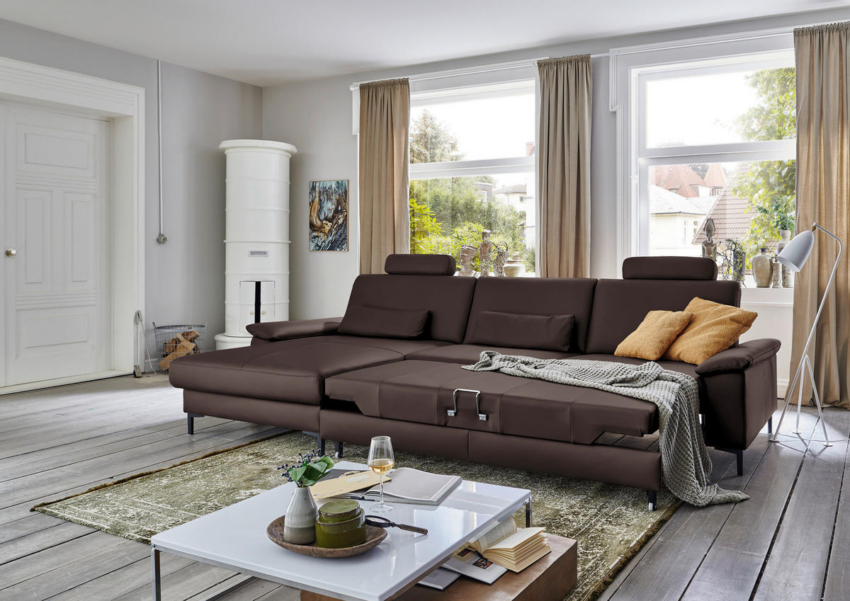 ECKSOFA in Echtleder Dunkelbraun  - Dunkelbraun/Schwarz, Design, Leder/Metall (176/334cm) - Dieter Knoll
