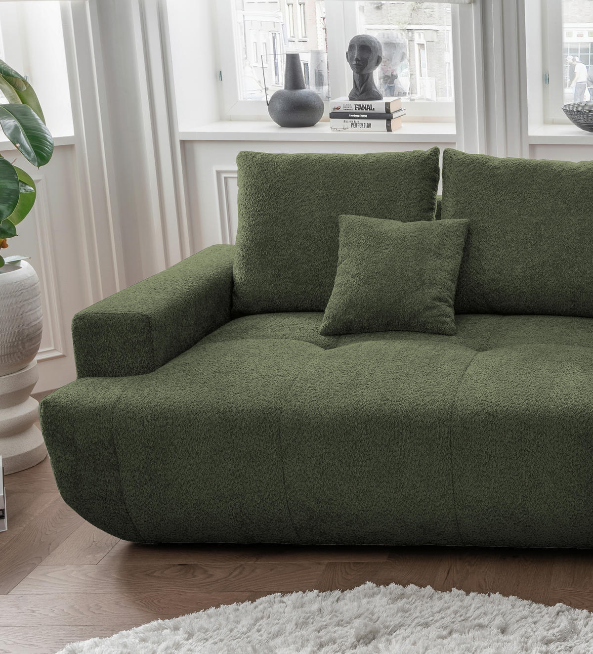BIGSOFA Bouclé Dunkelgrün  - Dunkelgrün/Schwarz, MODERN, Kunststoff/Textil (323/91/155cm) - Livetastic