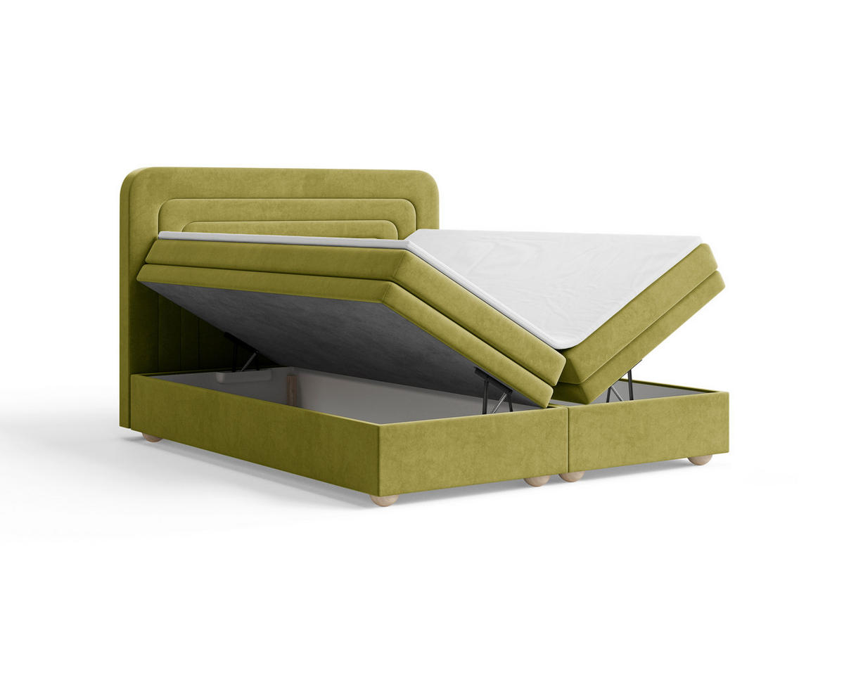 BOXBETT 180/200 cm,  in Olivgrün, gepolstertes Kopfteil, Bettkasten, Topper, H2 + H3 = mittel + fest  - Braun/Olivgrün, MODERN, Holz/Kunststoff (180/200cm) - Livetastic