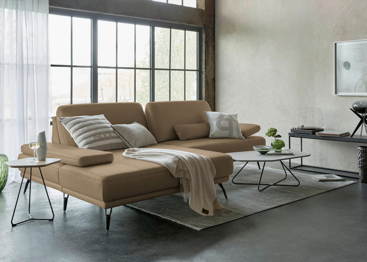 ECKSOFA Echtleder Khaki  - Khaki/Schwarz, Konventionell, Leder/Metall (180/301cm) - Joop!