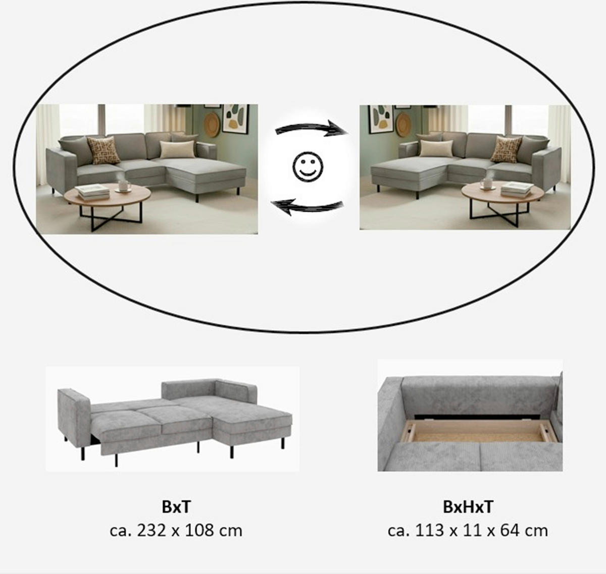 ECKSCHLAFSOFA WATKINS  mit Schlafen auf Sitzhöhe, Rücken echt, Armteil links, Armteil rechts Cord Grau  - Schwarz/Grau, MODERN, Textil/Metall (232/161cm) - Trendmanufaktur