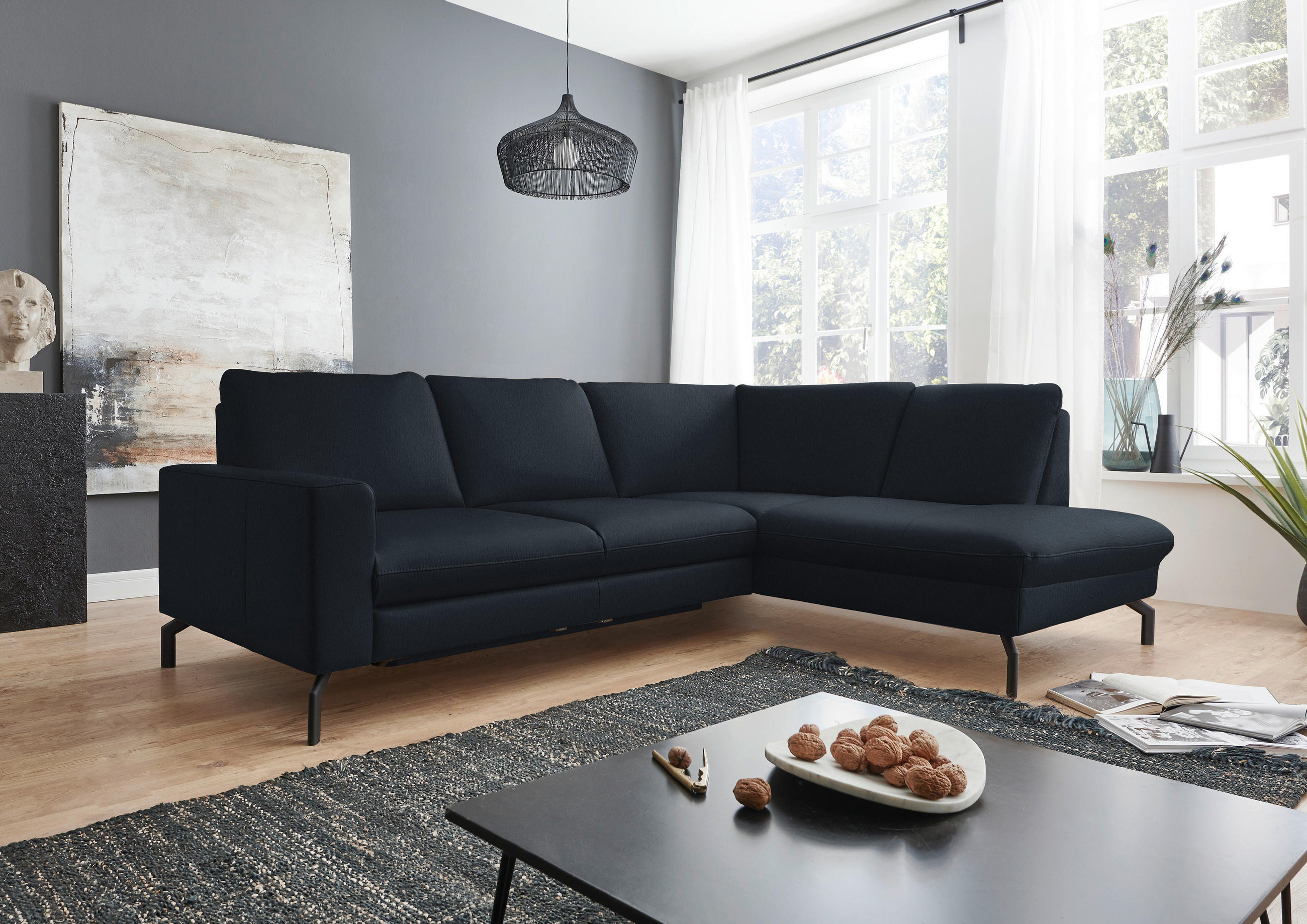 ECKSOFA in Echtleder Dunkelblau  - Schwarz/Dunkelblau, Design, Leder/Metall (250/194cm) - Beldomo Premium