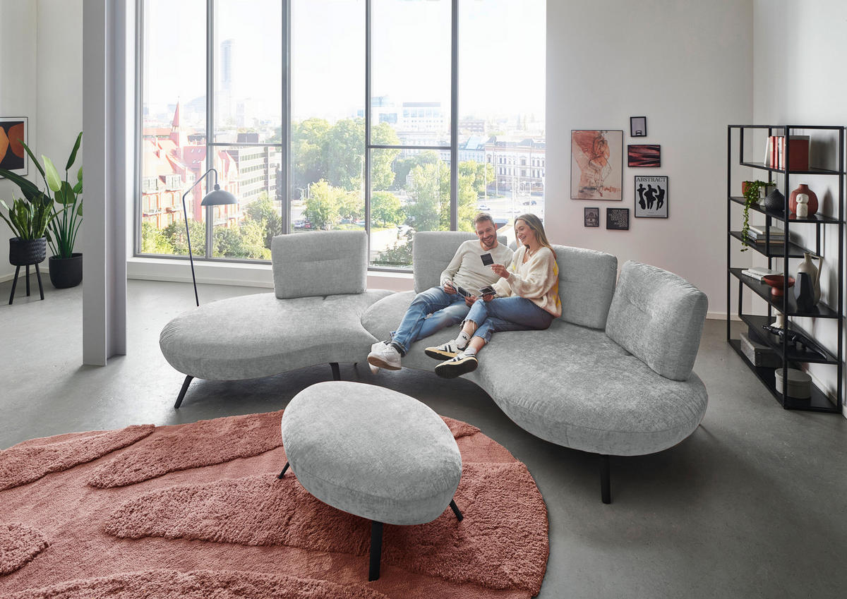 BIGSOFA Flachgewebe Hellgrau  - Hellgrau/Schwarz, Design, Textil/Metall (456/93/138cm) - Moderano