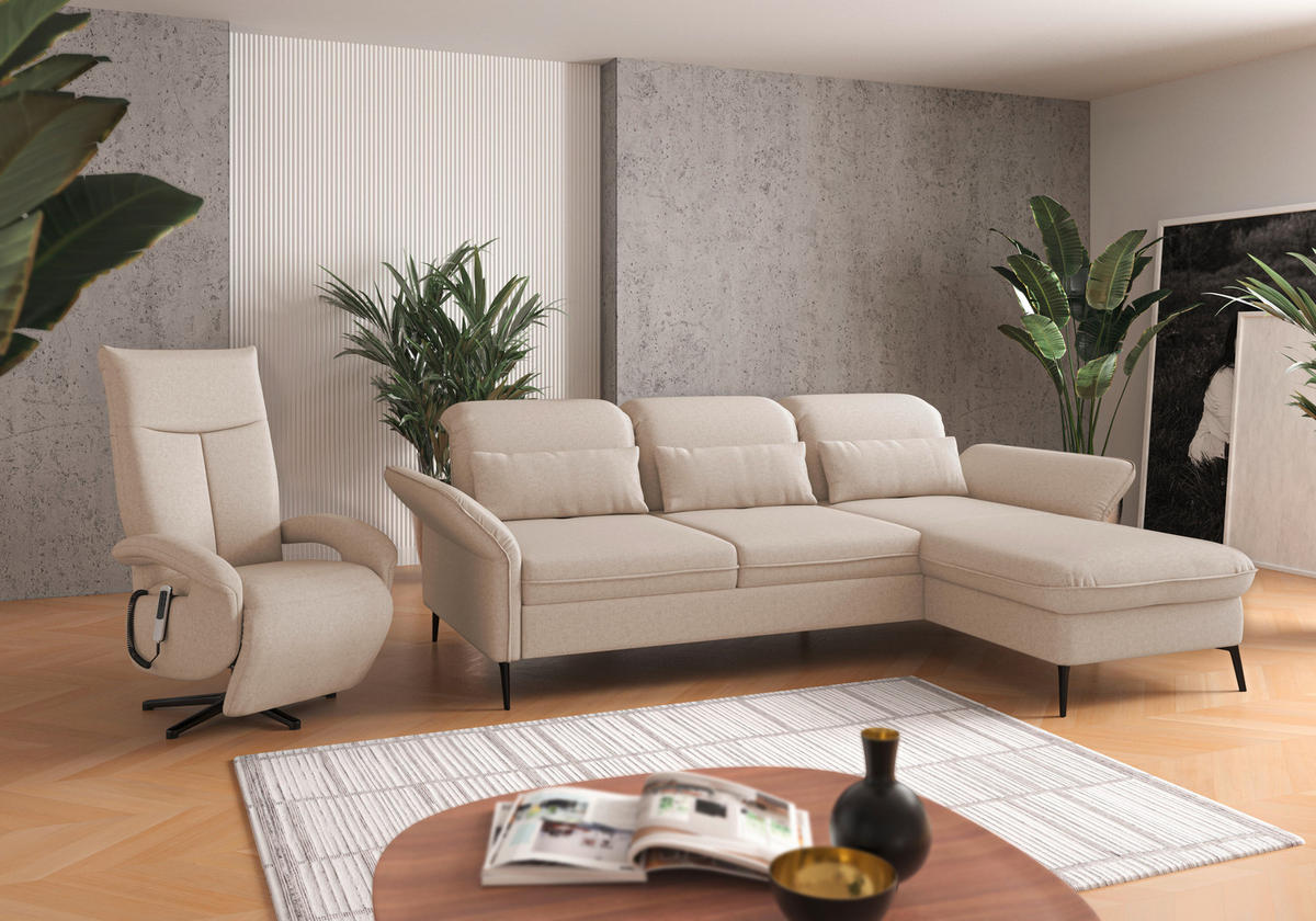 ECKSOFA in Flachgewebe Creme  - Creme/Schwarz, Konventionell, Textil/Metall (264/198cm) - Sit & More