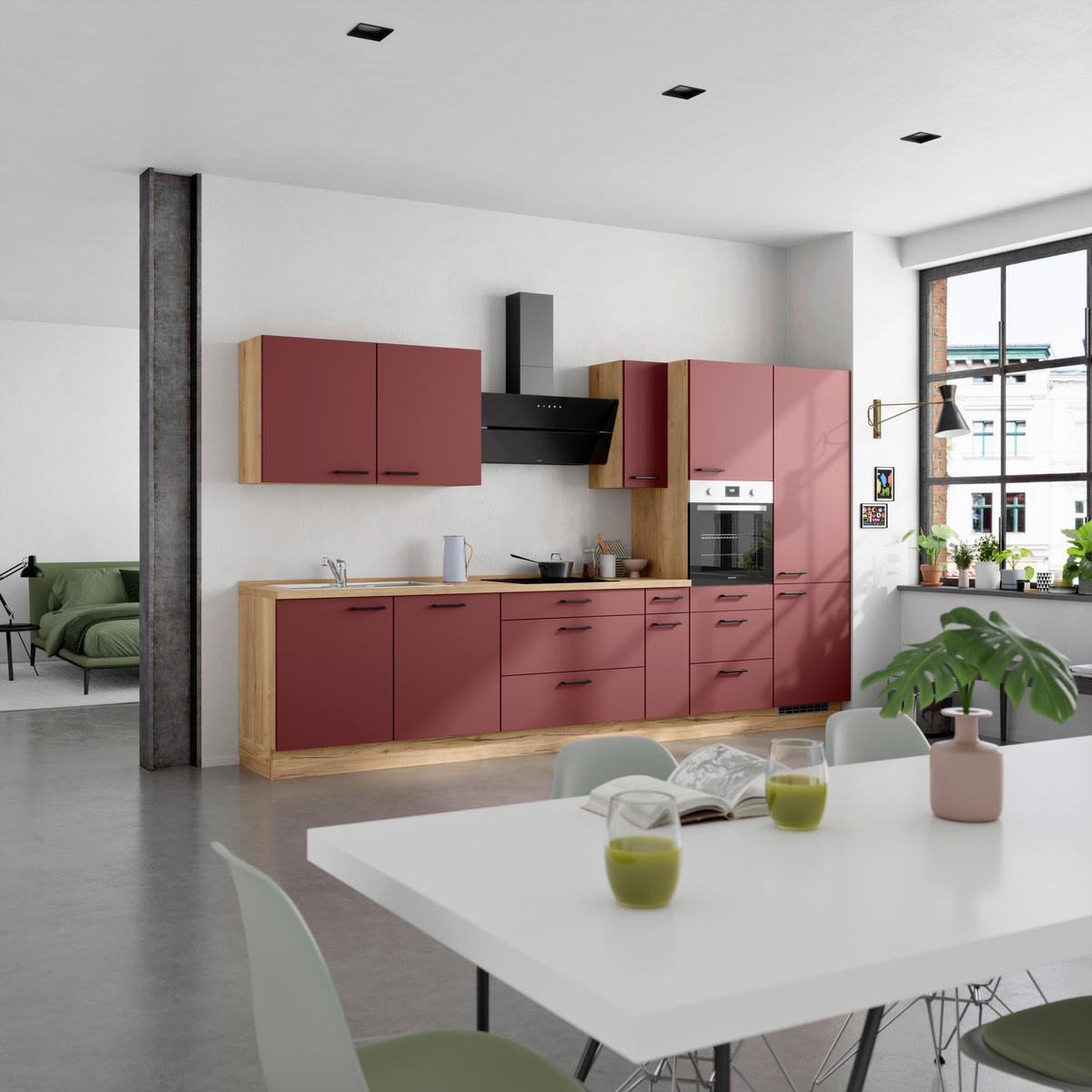 KÜCHENLEERBLOCK 360 cm   in Rot, Eichefarben  - Eichefarben/Rot, MODERN, Holzwerkstoff/Metall (360cm) - Nobilia