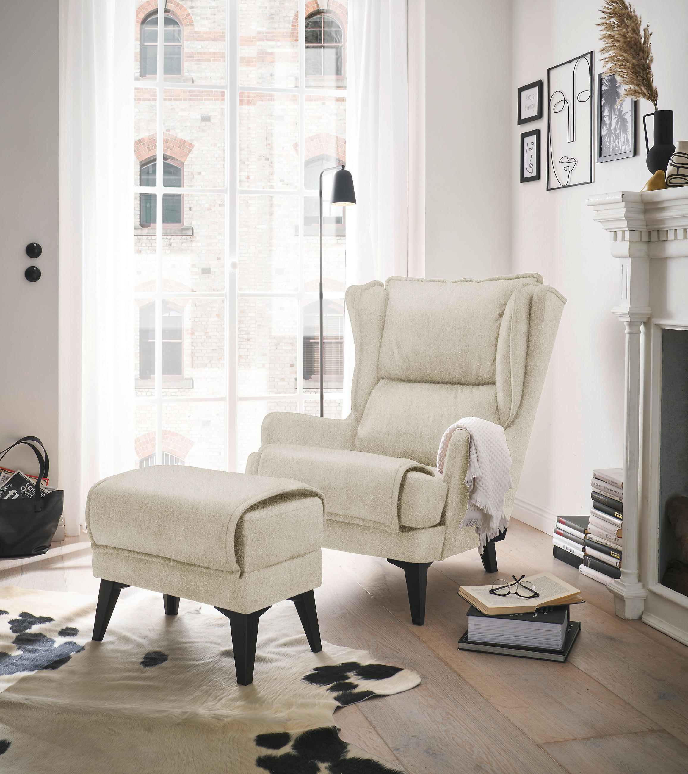 OHRENSESSEL Webstoff Creme  - Creme/Schwarz, MODERN, Kunststoff/Textil (86/104/109cm) - MID.YOU