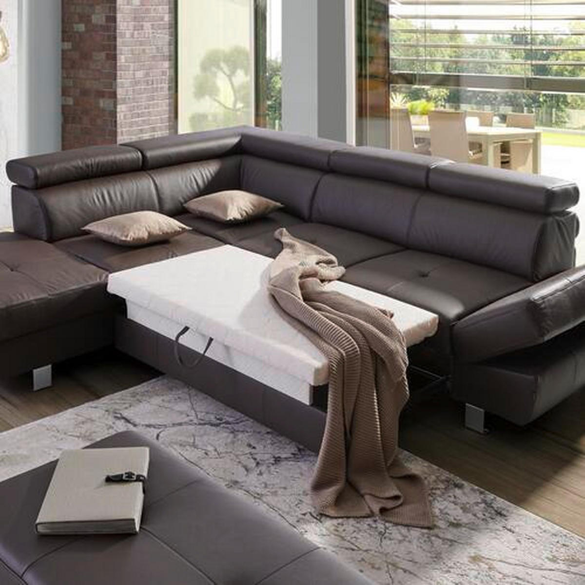 Ecksofa inkl. Funktion Dunkelbraun Kombination Echtleder/Lederlook Lederlook  - Chromfarben/Dunkelbraun, Design, Leder/Textil (265/212cm) - Stylife