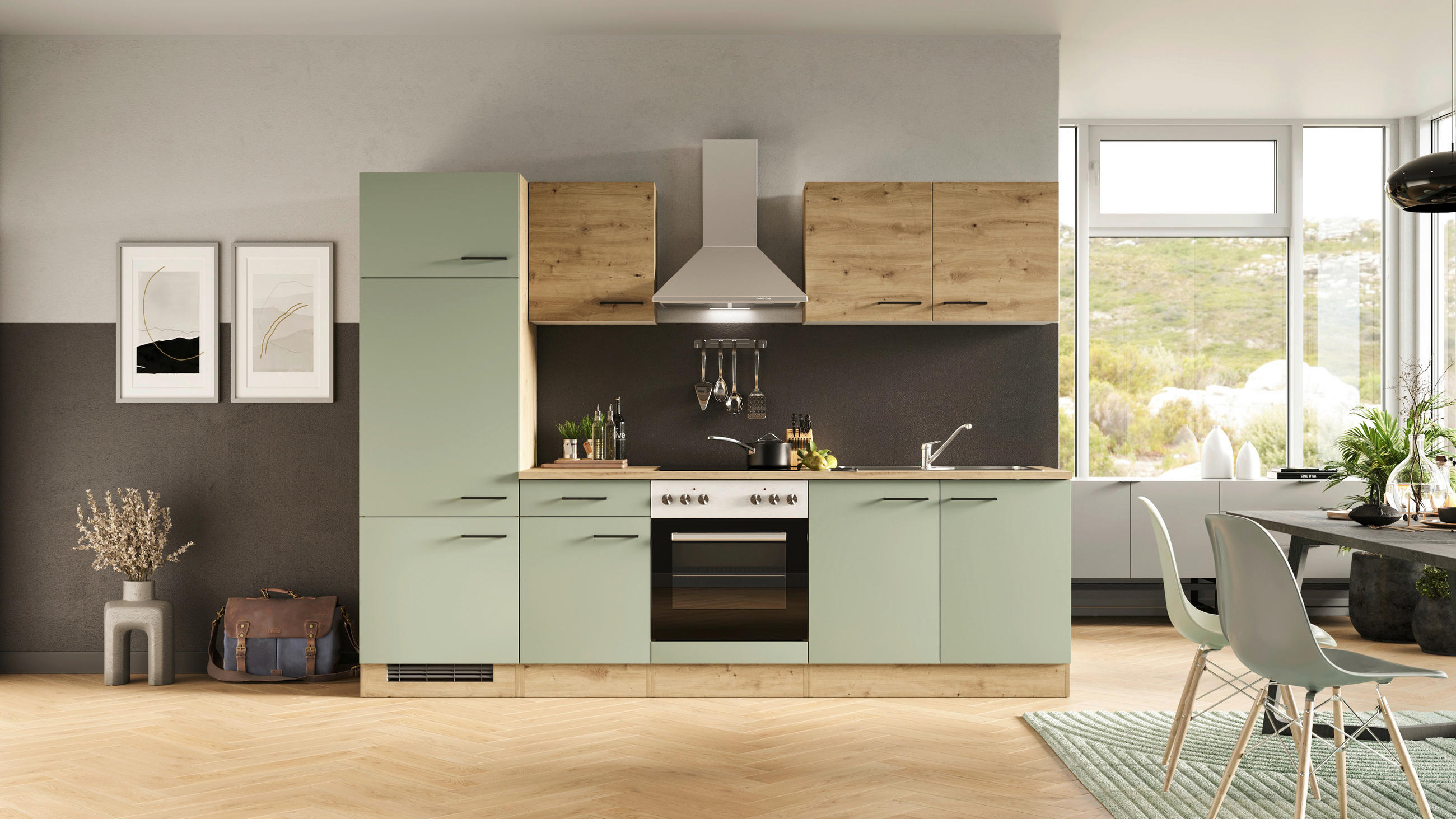 KÜCHENBLOCK 270 cm   in Grün, Eiche Artisan  - Schwarz/Eiche Artisan, MODERN, Holzwerkstoff/Metall (270cm) - FlexWell