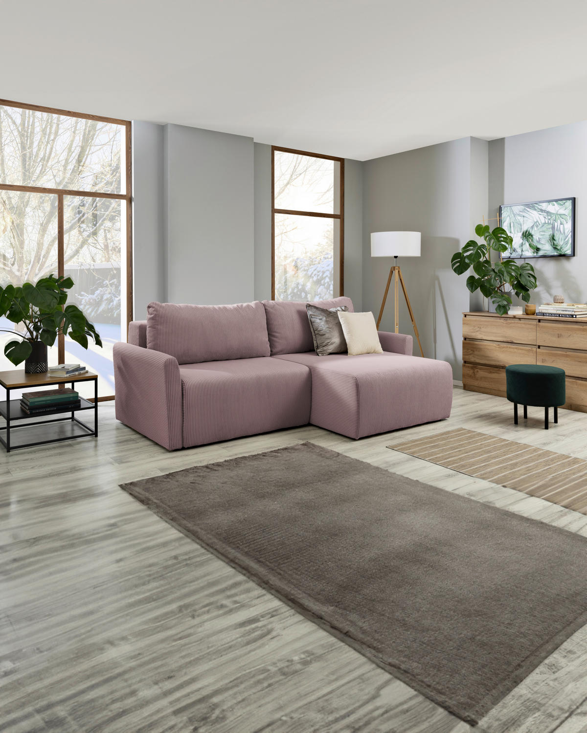 ECKSOFA in Cord Altrosa  - Schwarz/Altrosa, Konventionell, Kunststoff/Textil (228/146cm) - MID.YOU