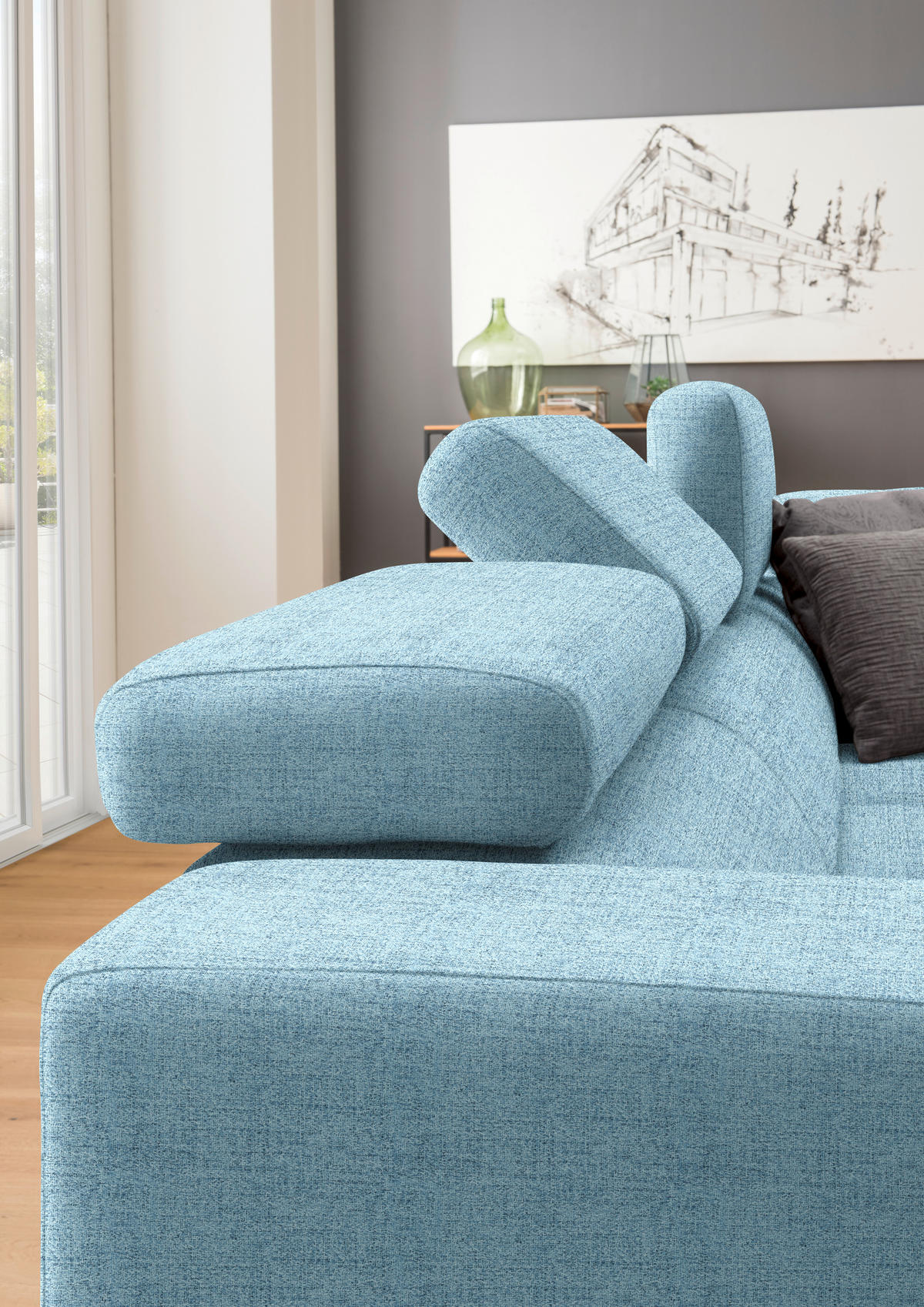 ECKSOFA in Chenille Hellblau  - Chromfarben/Hellblau, Design, Textil (301/207cm) - Xora
