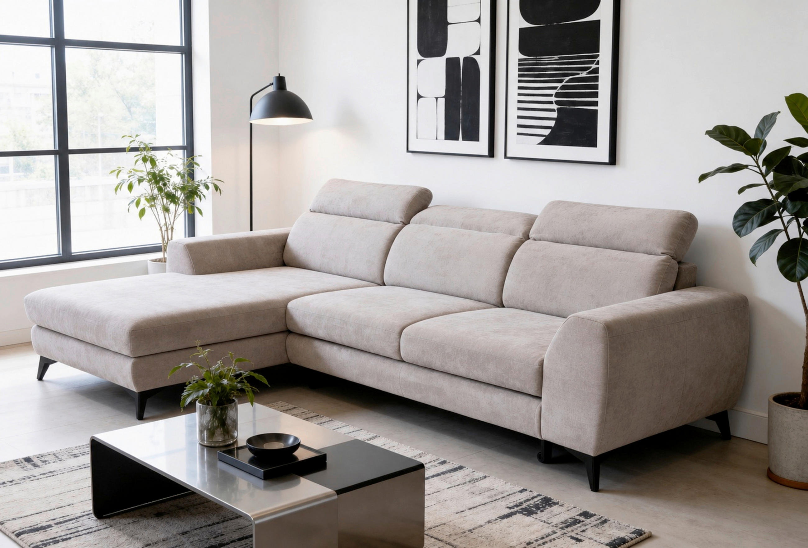 ECKSOFA Chenille Beige  - Beige/Schwarz, Basics, Textil/Metall (191/264cm) - Livetastic