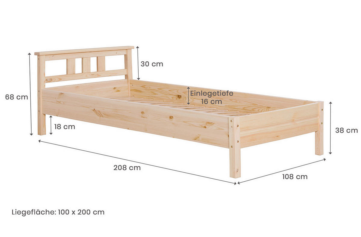 BETT 100/200 cm  in Kieferfarben  - Kieferfarben, KONVENTIONELL, Holz (100/200cm) - MID.YOU