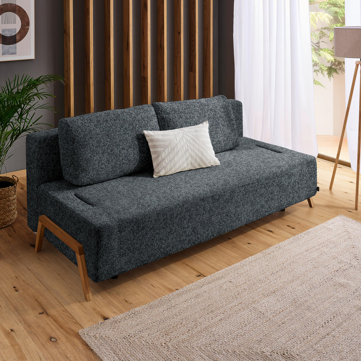 SCHLAFSOFA  mit Stoffauswahl, Armlehnen seitenverkehrt montierbar, Armteil links Struktur Dunkelgrau  - Dunkelgrau/Naturfarben, Design, Holz/Textil (211/88/102cm) - Niels Andersson