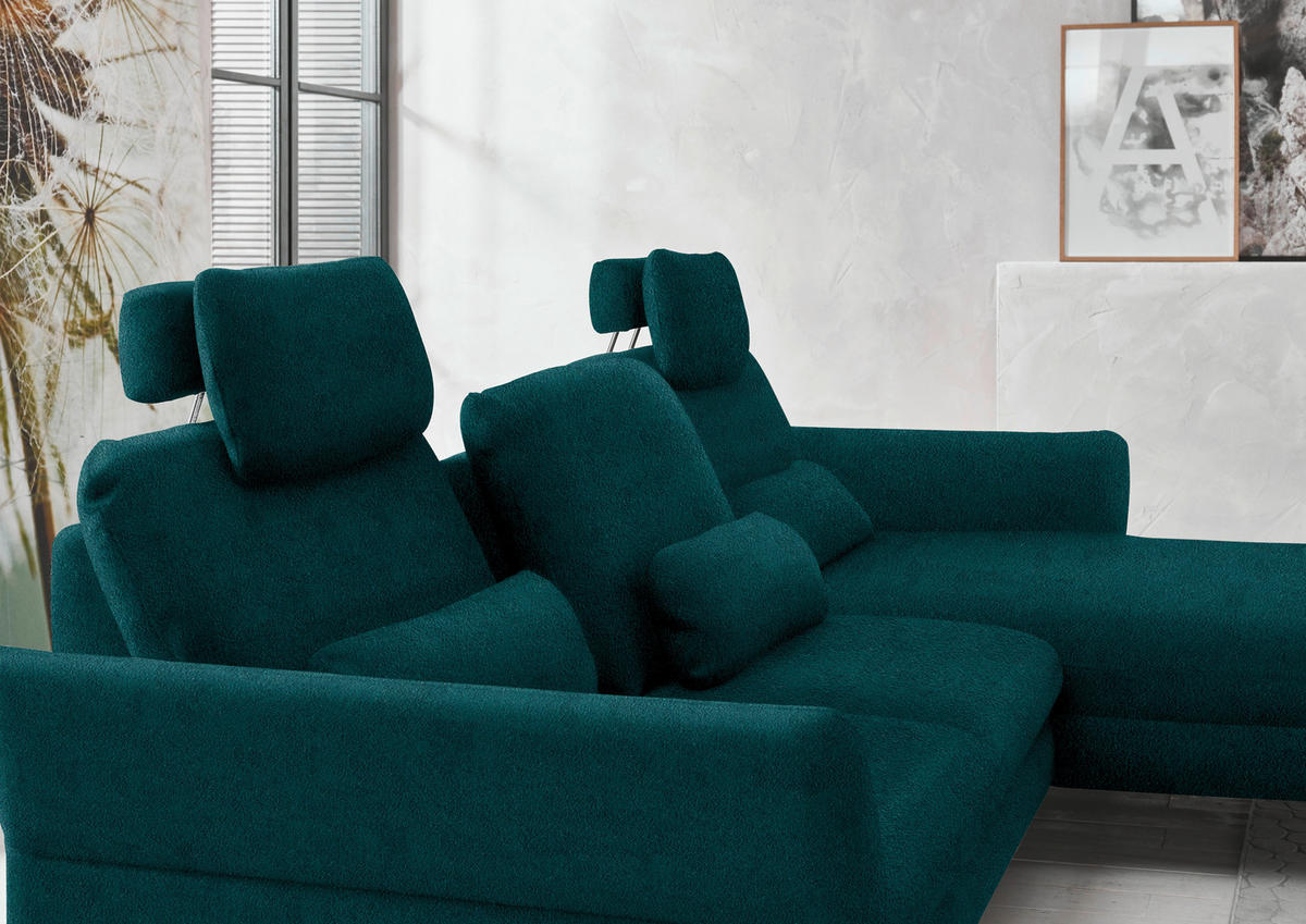 ECKSOFA in Velours Petrol  - Petrol/Schwarz, Design, Textil/Metall (306/179cm) - Beldomo System
