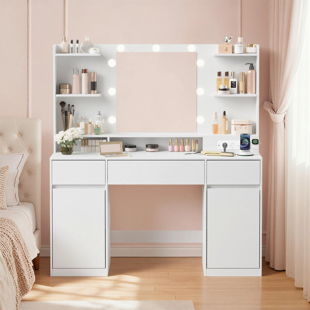 SCHMINKTISCH 107/40/144 cm, Weiß  - Weiß, KONVENTIONELL, Glas/Holzwerkstoff (107/40/144cm) - Boxxx