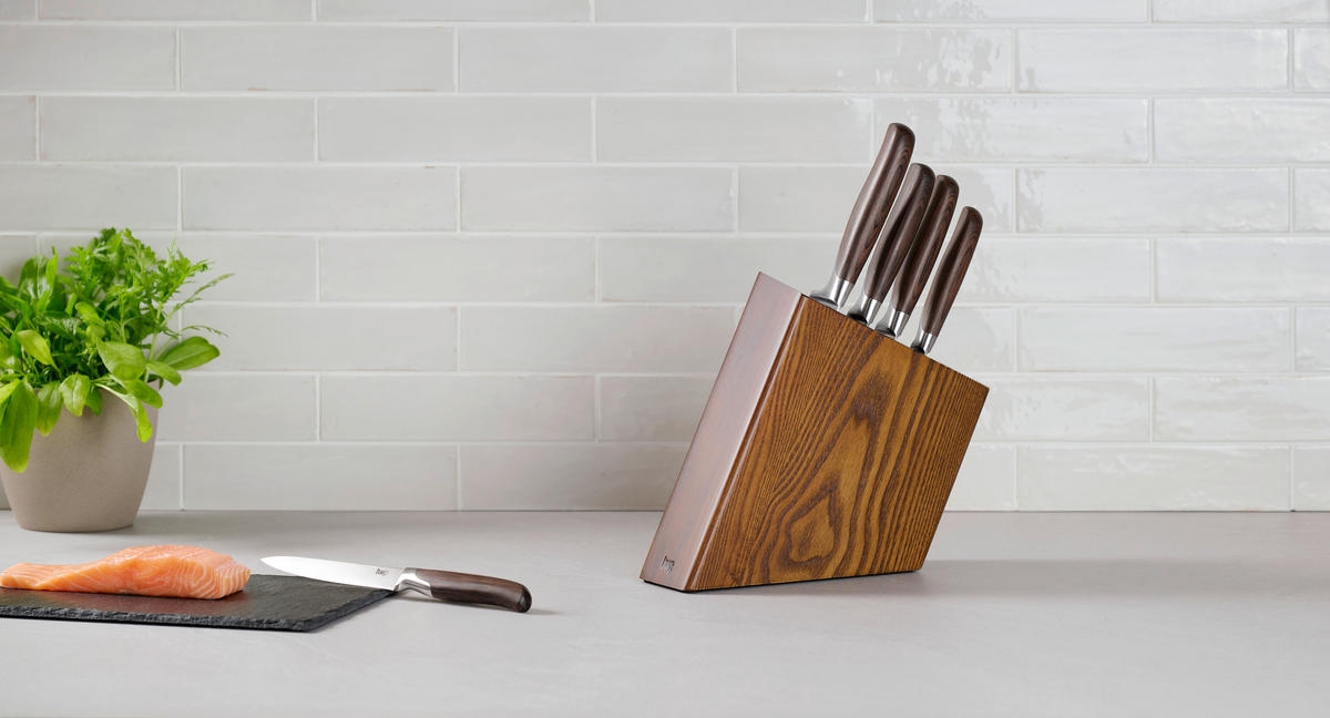 MESSERBLOCK 6-teilig  - Edelstahlfarben/Eschefarben, Basics, Holz/Metall - Homeware Profession.