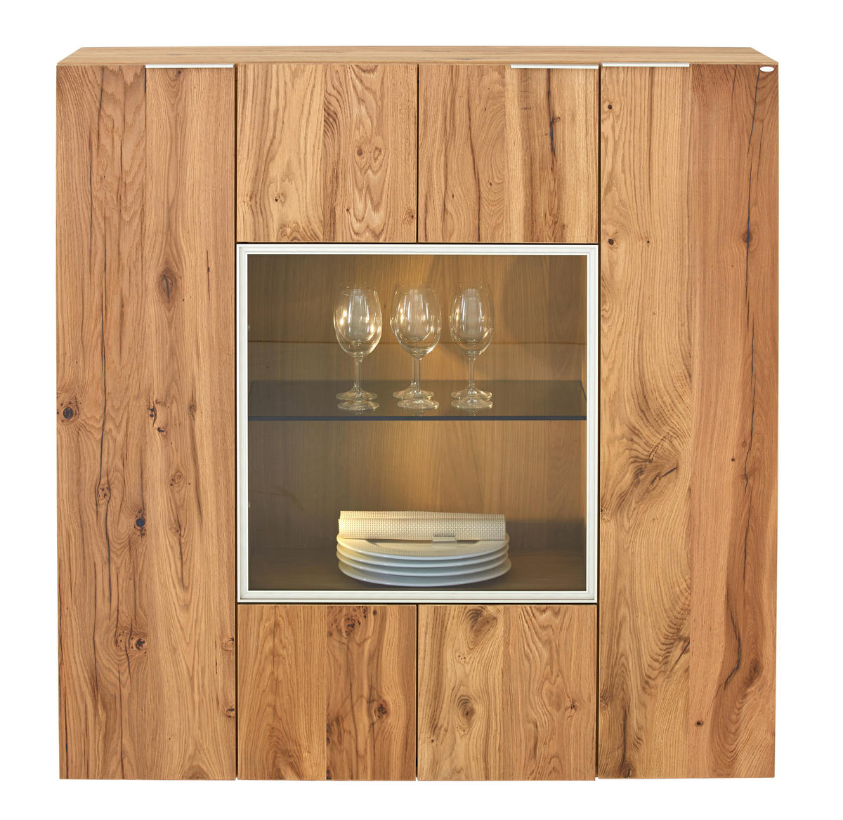 VISOKA KOMODA, barve hrasta  - srebrne barve/črna, Natur, kovina/steklo (128/130/42,3cm) - Voglauer