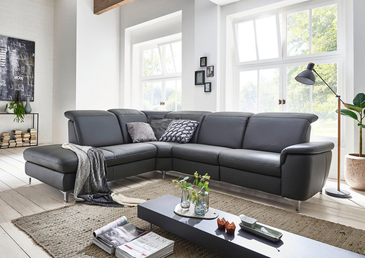 ECKSOFA Anthrazit Echtleder  - Chromfarben/Anthrazit, KONVENTIONELL, Leder/Metall (242/289cm) - Cantus