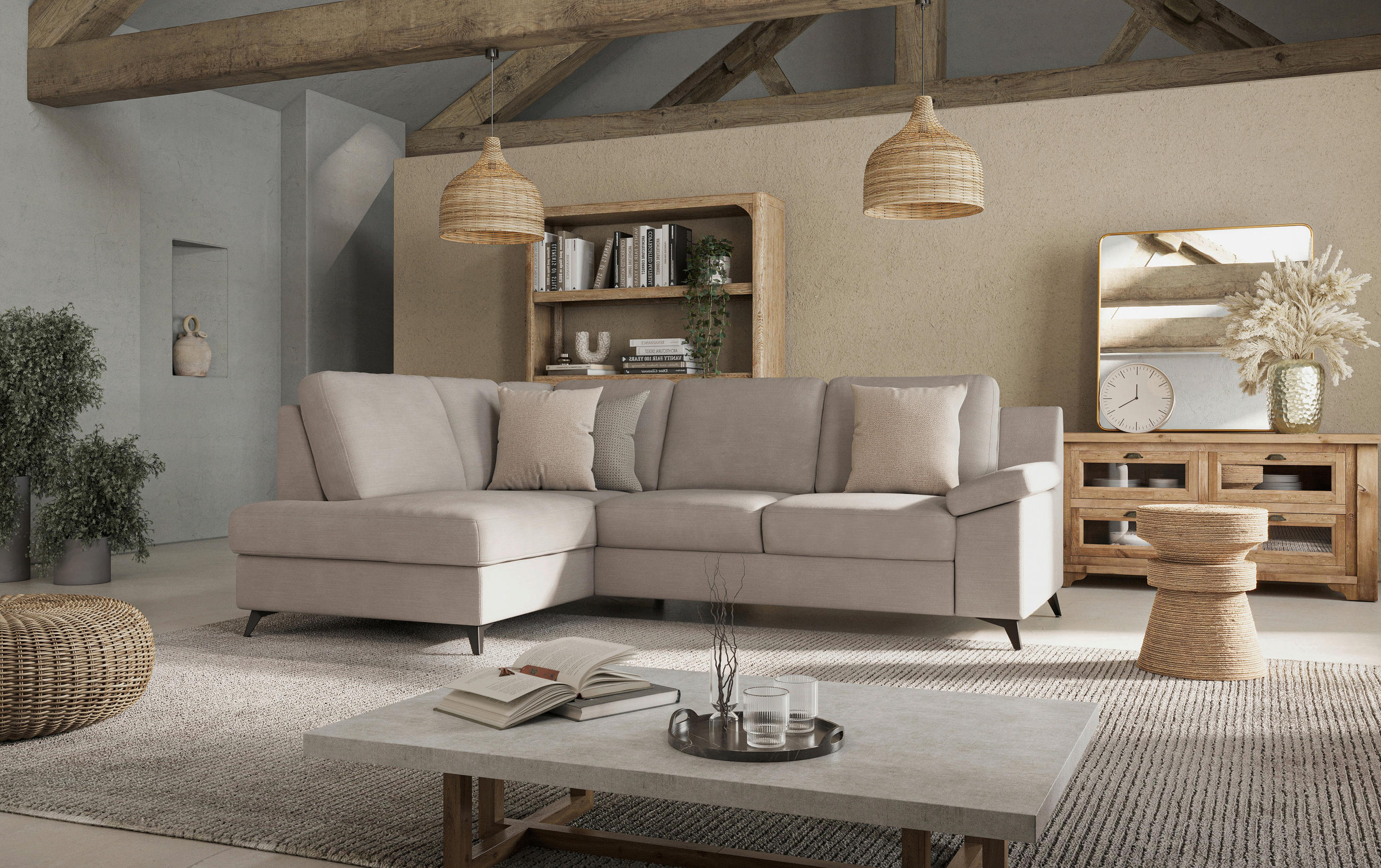 ECKSOFA in Flachgewebe Beige  - Beige/Schwarz, Konventionell, Textil/Metall (170/242cm) - Cotta