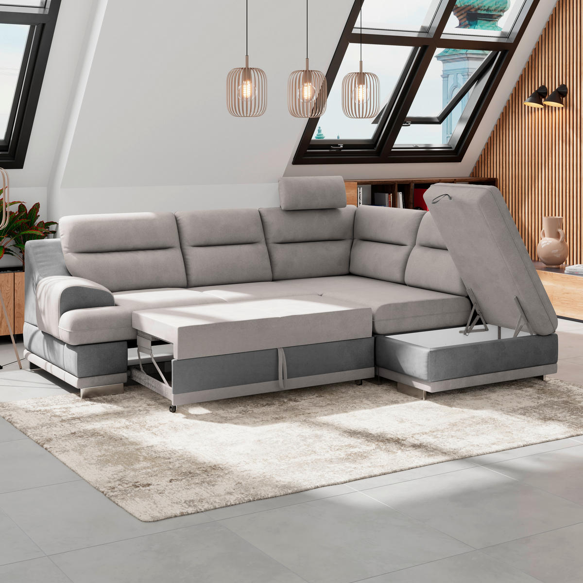 WOHNLANDSCHAFT Grau, Hellgrau Velours  - Chromfarben/Hellgrau, KONVENTIONELL, Textil/Metall (264/217cm) - MID.YOU