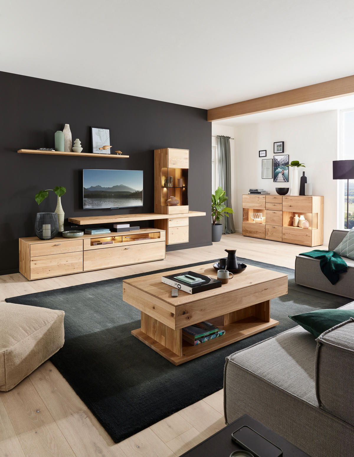 WOHNWAND  in Wildeiche  304/179/55 cm  - Wildeiche, Natur, Glas/Holz (304/179/55cm) - Valnatura