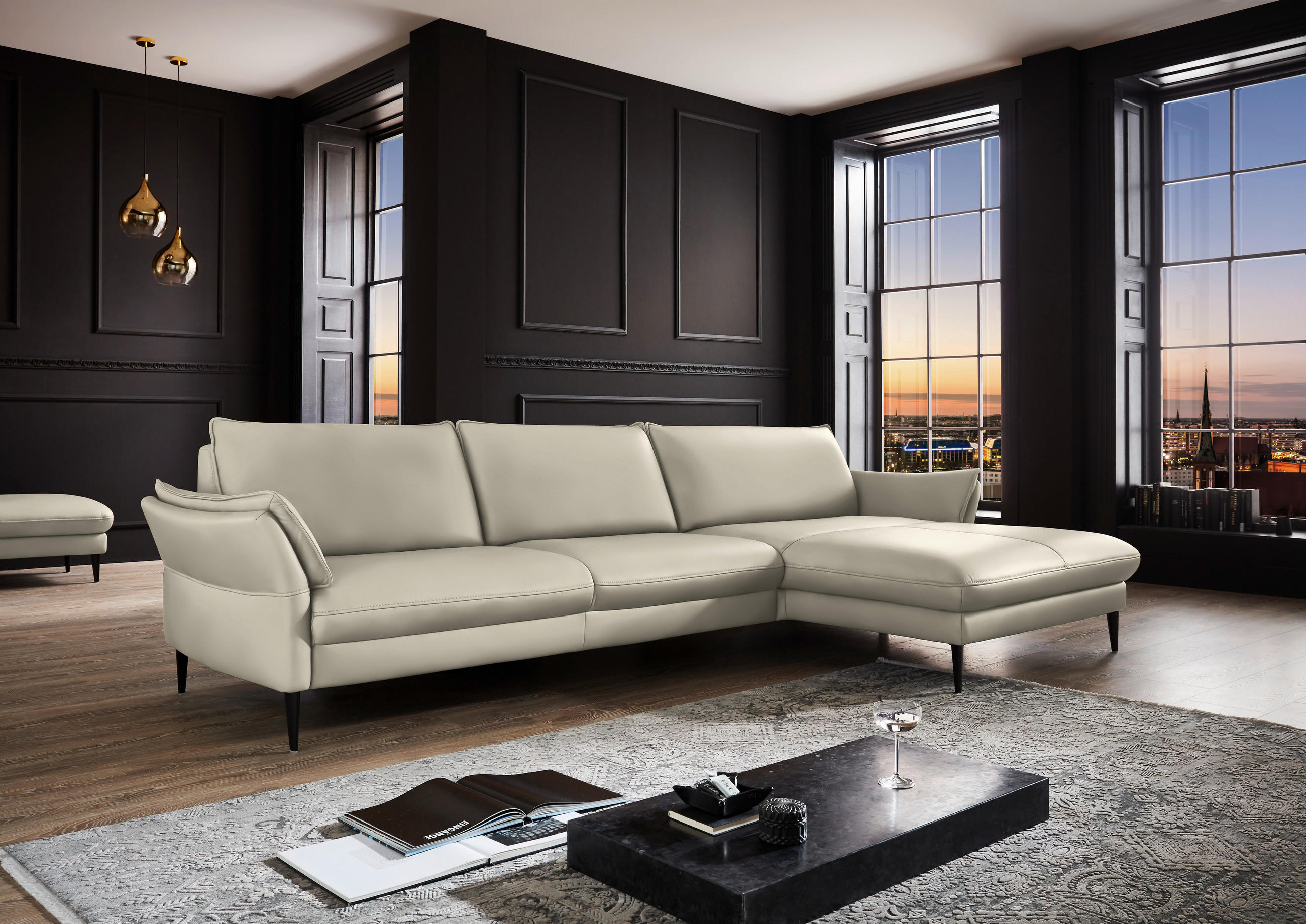 ECKSOFA inkl. Funktion Ecru Echtleder  - Ecru/Schwarz, Design, Leder/Metall (334/172cm) - Hukla