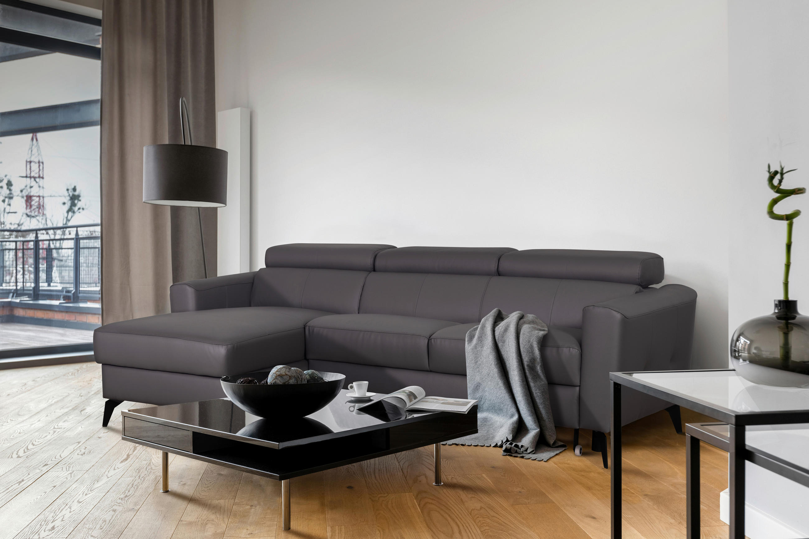 SEDACIA SÚPRAVA, textil, koža, antracitová - čierna/antracitová, kov/koža (235/73-97/179cm) - Celina Home