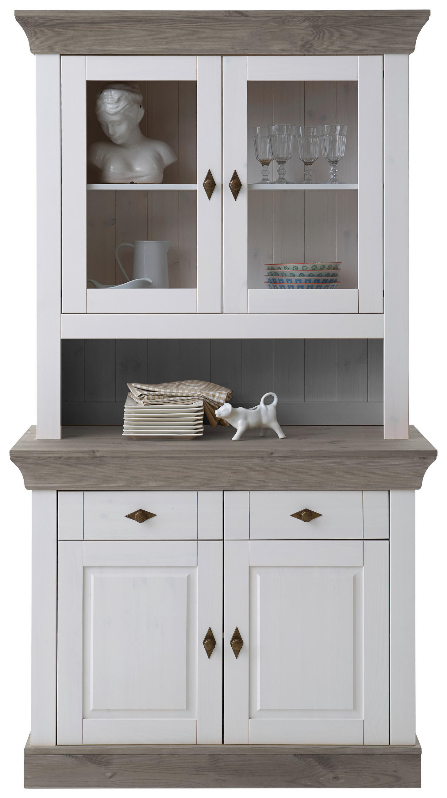 BUFFETAUFSATZ - Weiß/Grau, ROMANTIK / LANDHAUS, Glas/Holz (108/112/32cm) - Boxxx