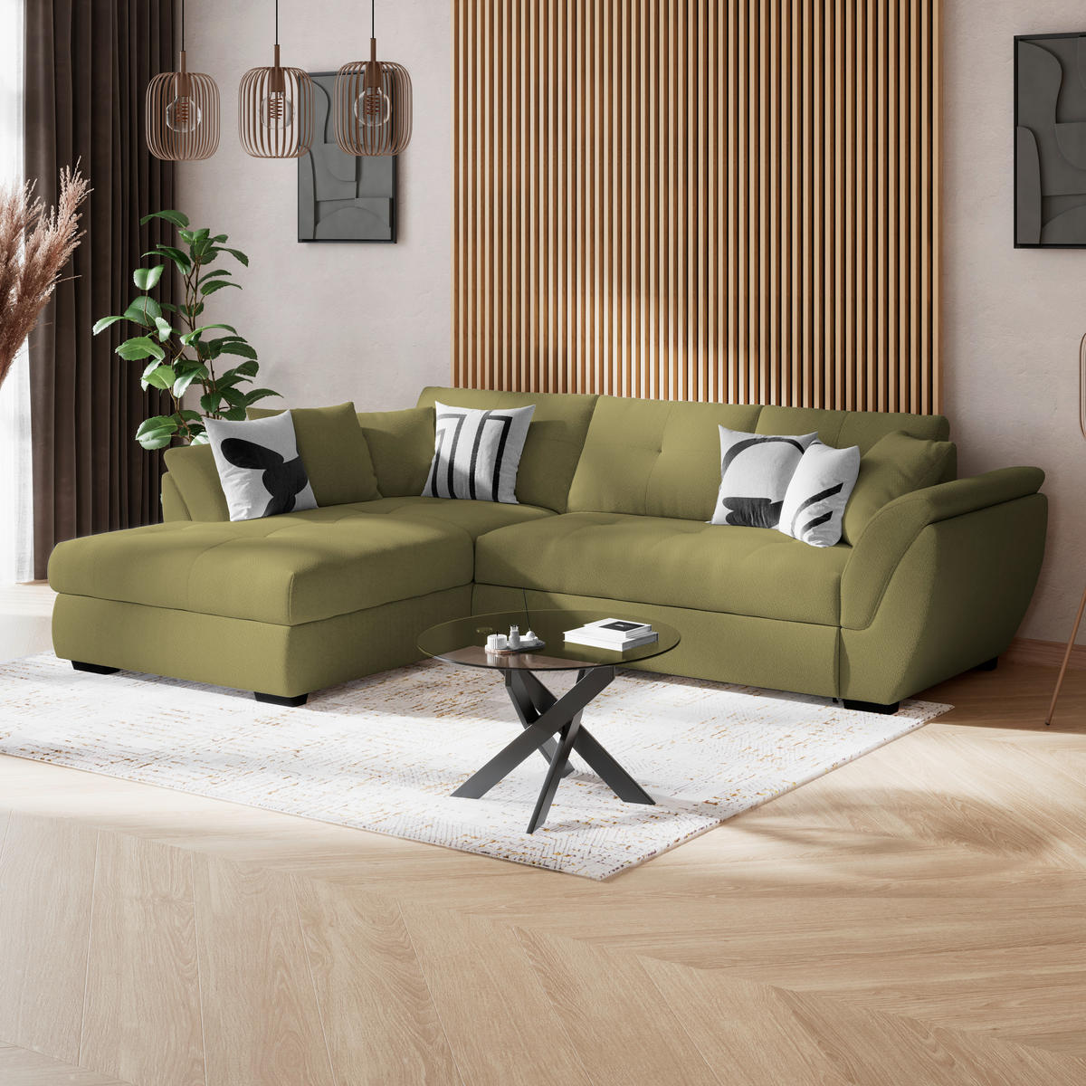 ECKSOFA Grün Zierkissen, Bettkasten, Schlaffunktion, Rücken echt  - Schwarz/Grün, KONVENTIONELL, Kunststoff/Textil (187/278cm) - MID.YOU