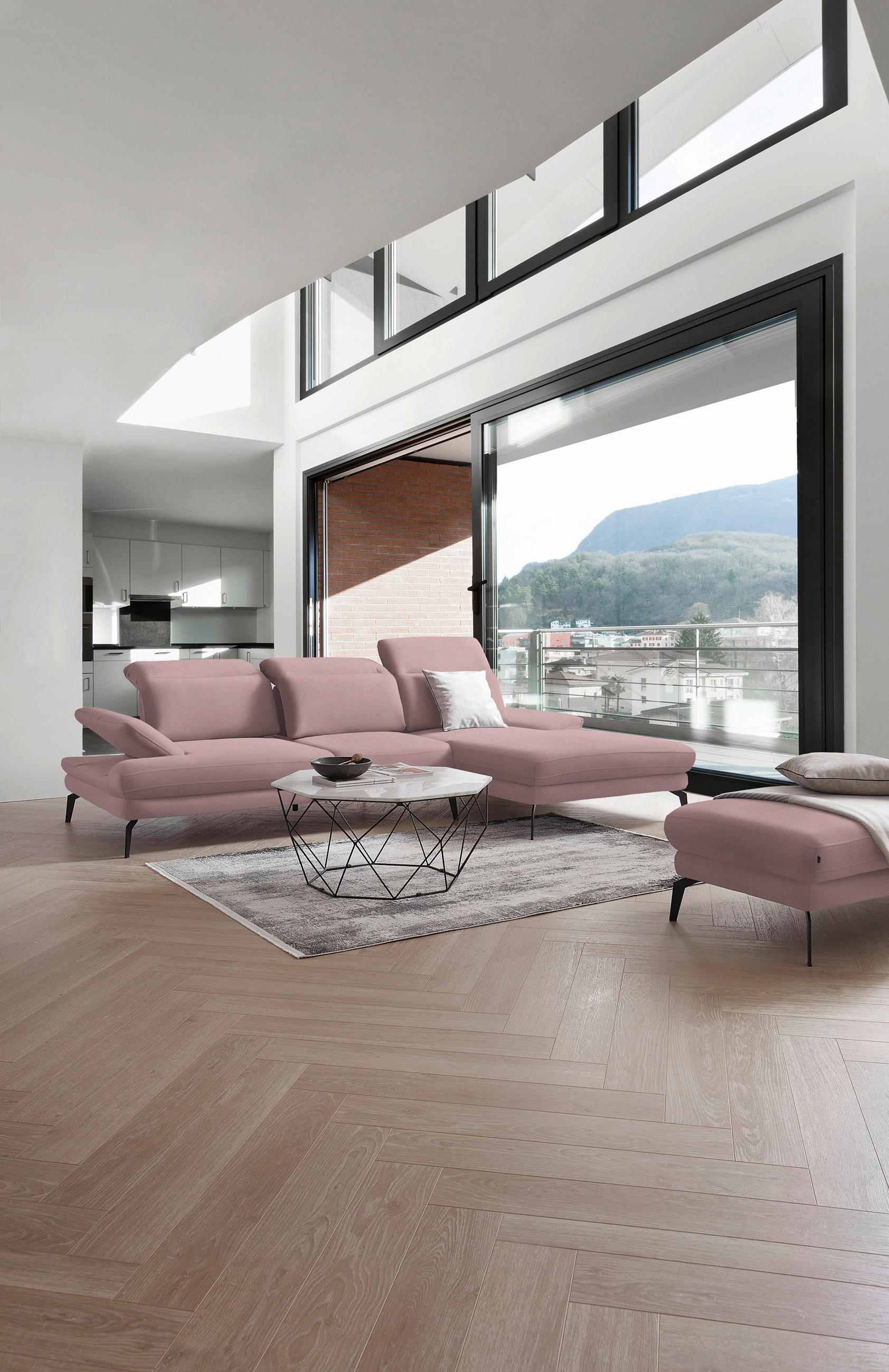 ECKSOFA in Flachgewebe Hellrosa  - Hellrosa/Schwarz, Design, Textil/Metall (289/180cm) - Stylife