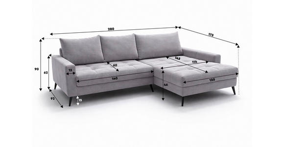 ECKSOFA  in Cord Hellgrau  173/280 cm  - Hellgrau/Schwarz, KONVENTIONELL, Textil/Metall (173/280cm) - Hom`in