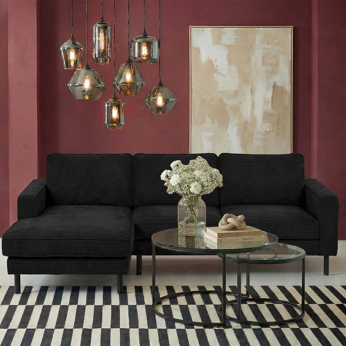 ECKSOFA  in Cord Schwarz Rücken echt  166/238 cm  - Schwarz, Design, Textil/Metall (166/238cm) - Livetastic