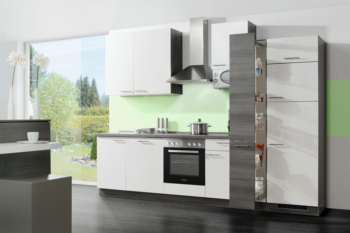 KÜCHENBLOCK 310 cm   in Weiß, Eiche grau  - Edelstahlfarben/Eiche grau, Design, Holzwerkstoff/Metall (310cm) - Welnova