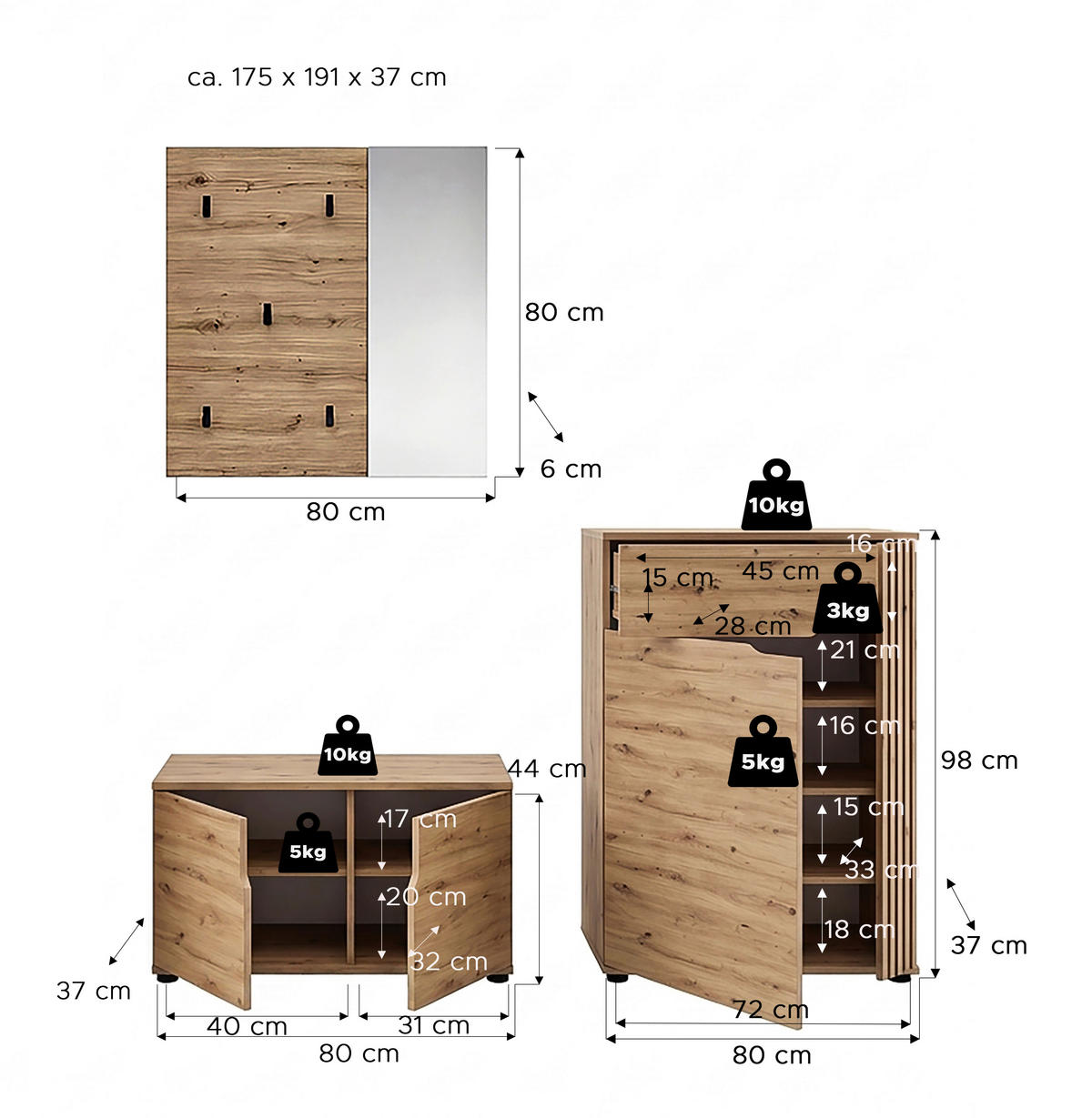 GARDEROBE 3-teilig  in 175/191/37 cm  - Eiche Artisan, Design, Holzwerkstoff (175/191/37cm) - MID.YOU