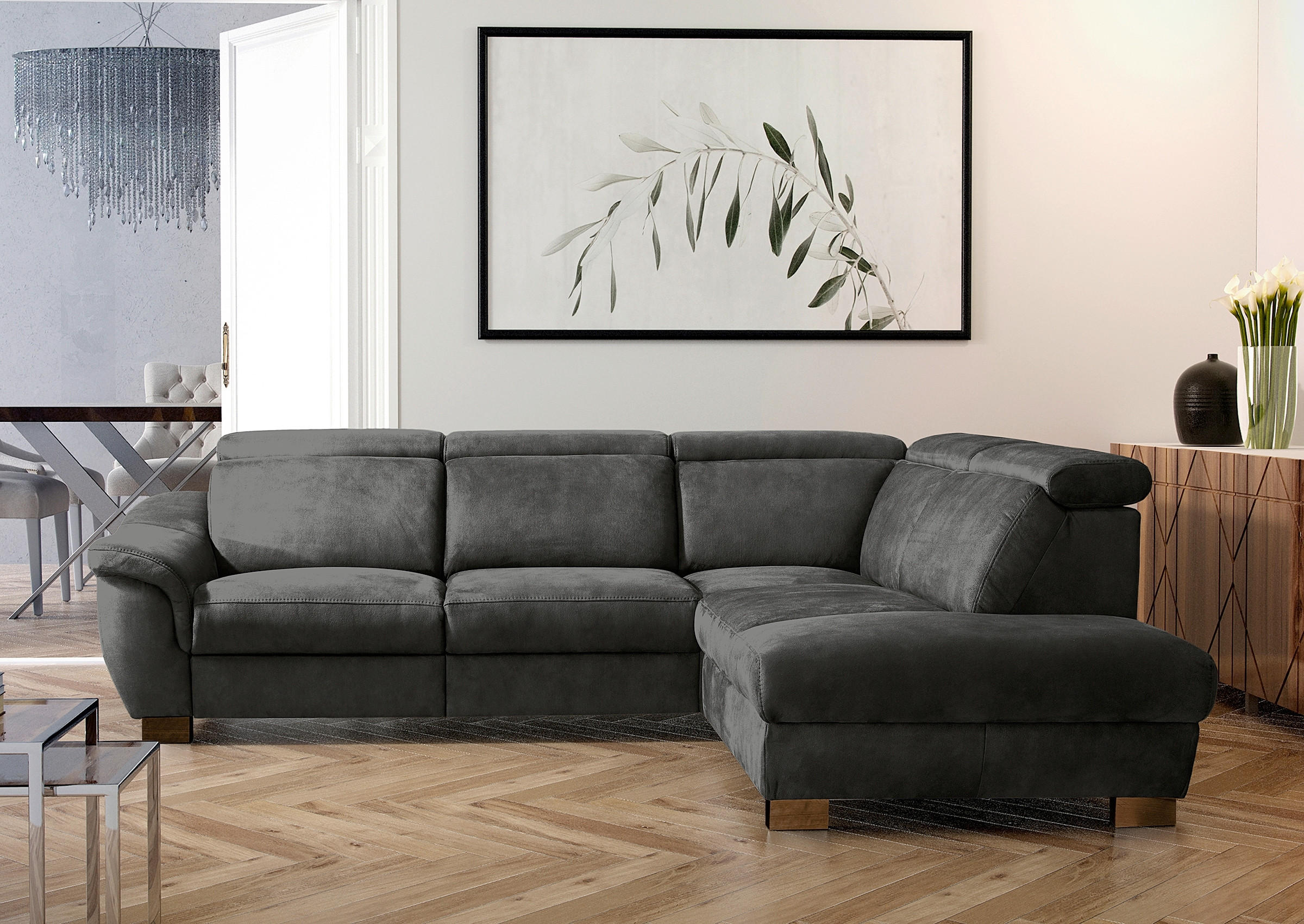 ECKSOFA TREND in Mikrofaser Anthrazit Bettkasten, Relaxfunktion, Kopfteilverstellung  276/238 cm  - Wengefarben/Anthrazit, Design, Holz/Textil (276/238cm) - Livetastic