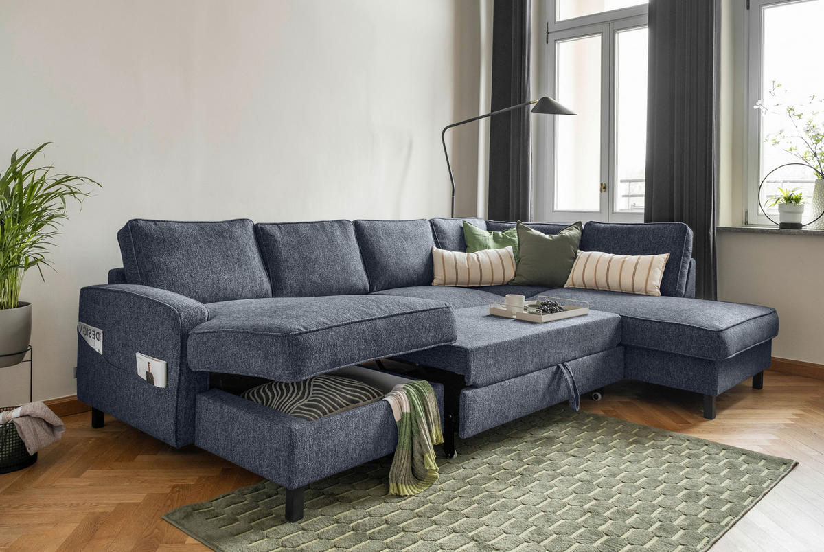 SJEDEĆA GARNITURA tekstil  tamno plava   - tamno plava/crna, tekstil/drvo (148/298/198cm) - MID.YOU