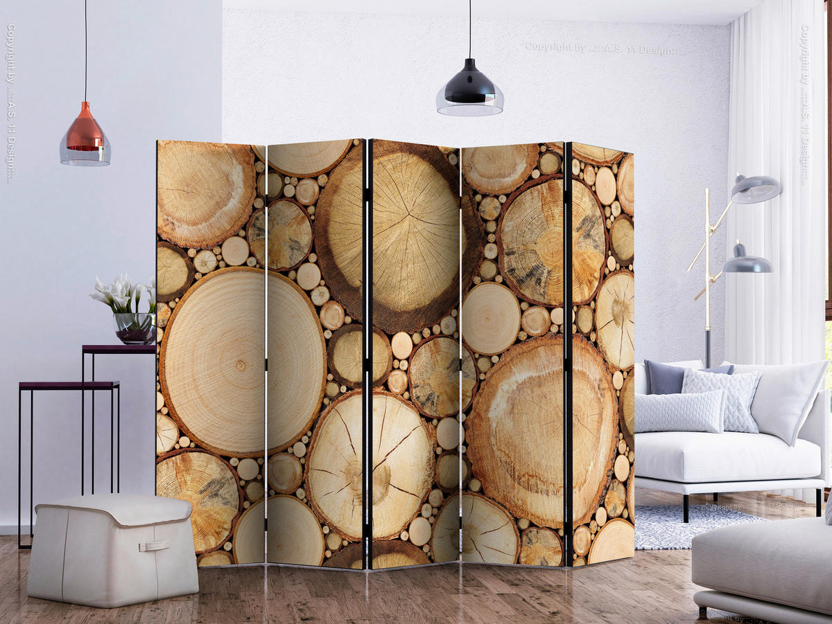 PARAVENT mit 5  Flügel - Beige/Braun, Basics, Holz/Textil (225/172/3cm) - artgeist
