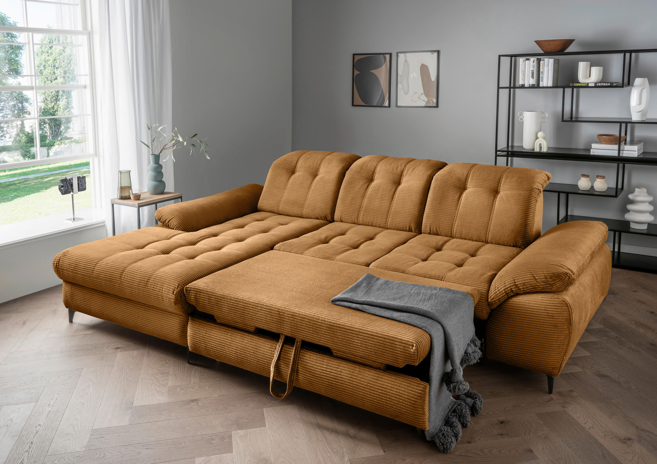 ECKSCHLAFSOFA Cord Goldfarben  - Goldfarben/Schwarz, MODERN, Textil/Metall (189/273cm) - Livetastic