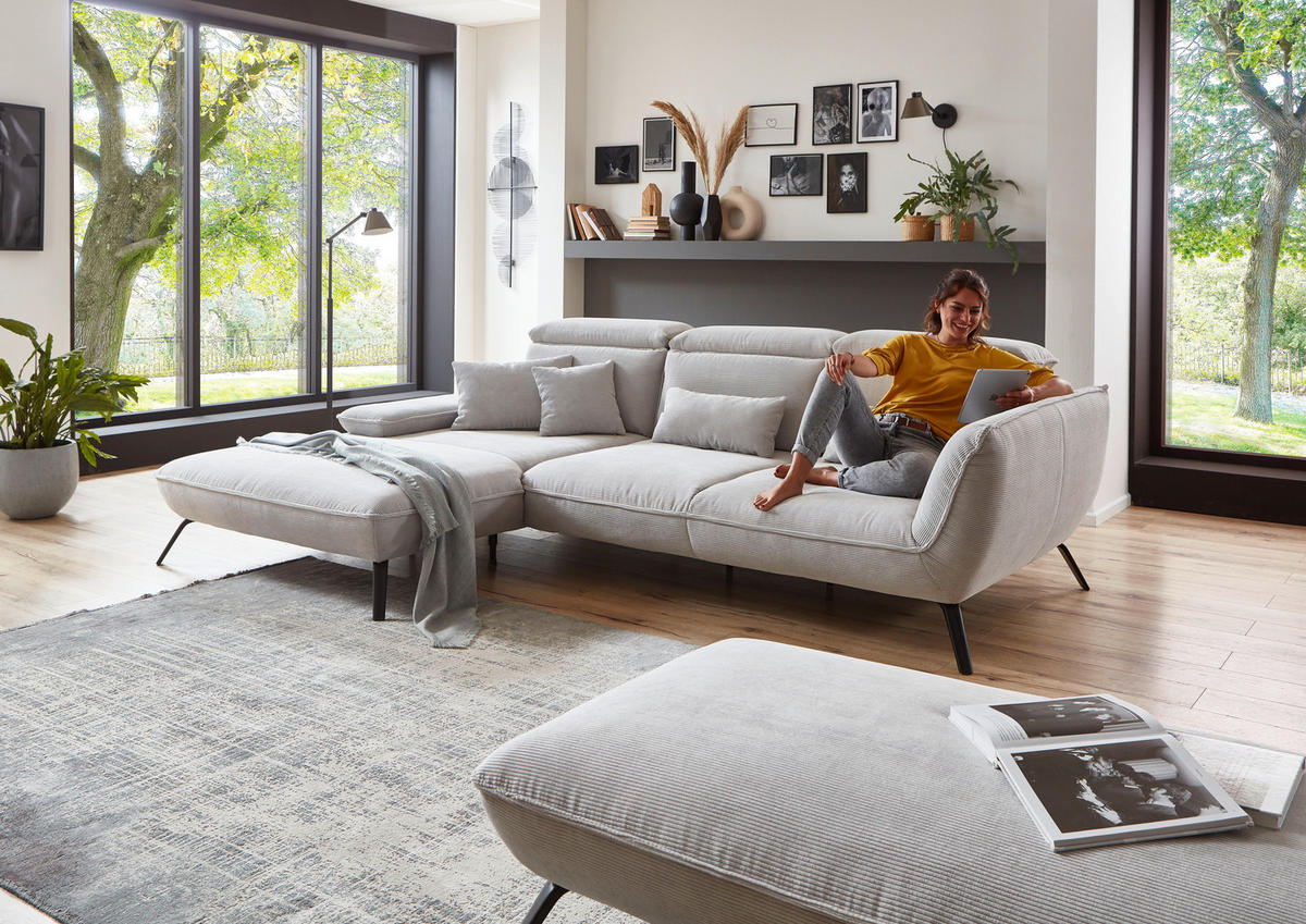 ECKSOFA Hellgrau Cord  - Hellgrau/Schwarz, Design, Textil/Metall (196/301cm) - Moderano