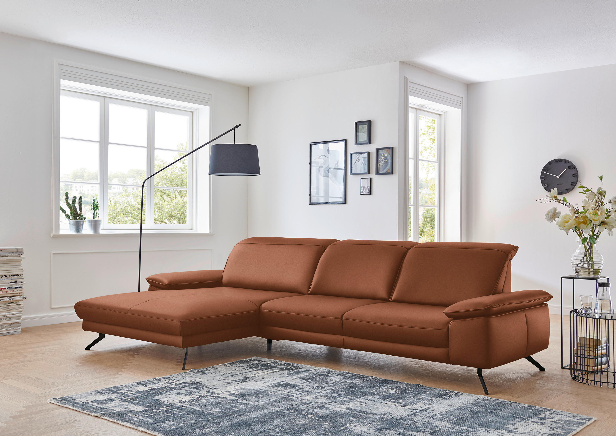 ECKSOFA in Echtleder Cognac  - Cognac/Schwarz, Design, Leder/Metall (193/328cm) - Dieter Knoll